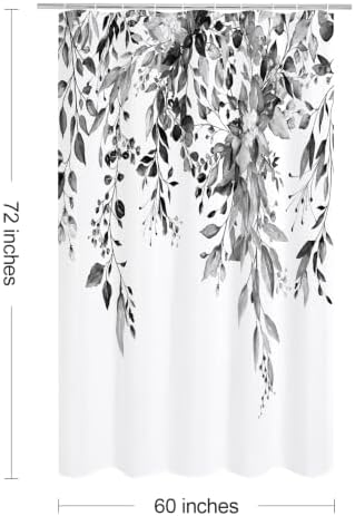 Gibelle Black Eucalyptus Shower Curtain, Watercolor Floral Print, 60x72