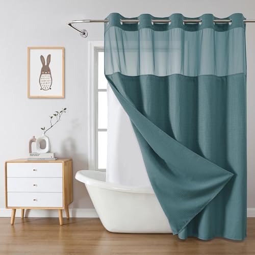 No Hook Waffle Shower Curtain with Snap-in Liner, 71x74 Inch, Seaweed Green