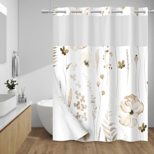 WITHLOC No Hook Floral Shower Curtain with Liner, Beige, 71x74