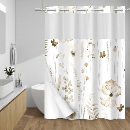 WITHLOC No Hook Floral Shower Curtain with Liner, Beige, 71x74