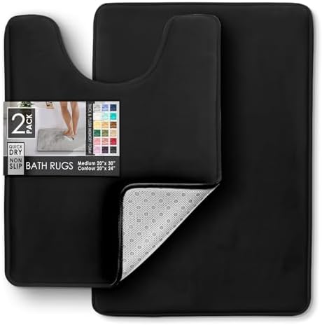 Clara Clark 2 Piece Bathroom Rugs, Velvet Memory Foam Bath Mat Set, Non-Slip Bath Rugs, Machine Wash, Dries Quickly, Ultra Soft Plush Bath Mats for Bathroom, 20 x 32 + Contour, Black