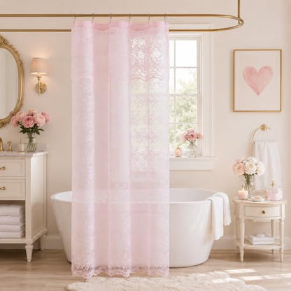 TUDECO Pink Lace 36 x 72 Shower Curtain with Attached Valance