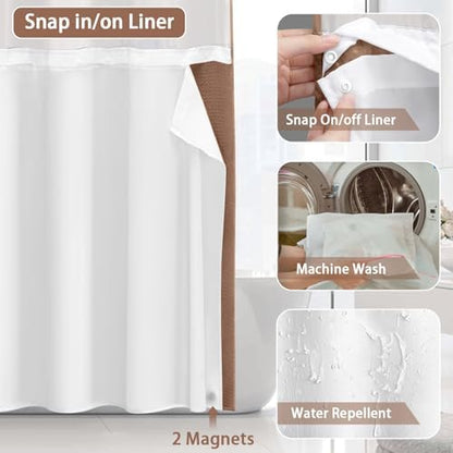 No Hook Shower Curtain with Liner Set Hotel Waffle Mocha Brown 72W X 75L