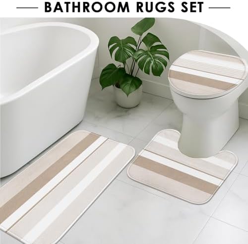 Bathroom Sets with Shower Curtain and Rugs, 4 Pcs, Abstract Striped