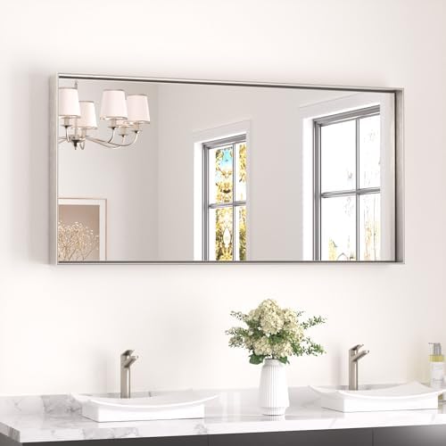 Keonjinn 48x24 Inch Nickel Bathroom Mirror for Over Sink, Rectangular