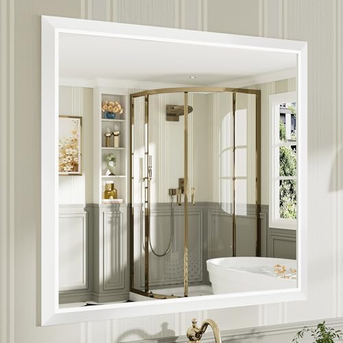 Briivue Bathroom Wall Mirror, White Metal Frame, 40x38 Inch