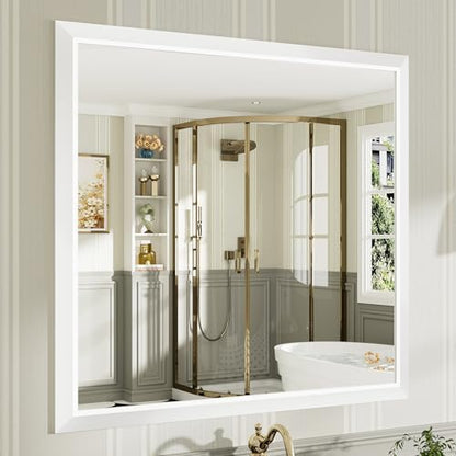 Briivue Bathroom Wall Mirror, White Metal Frame, 40x38 Inch