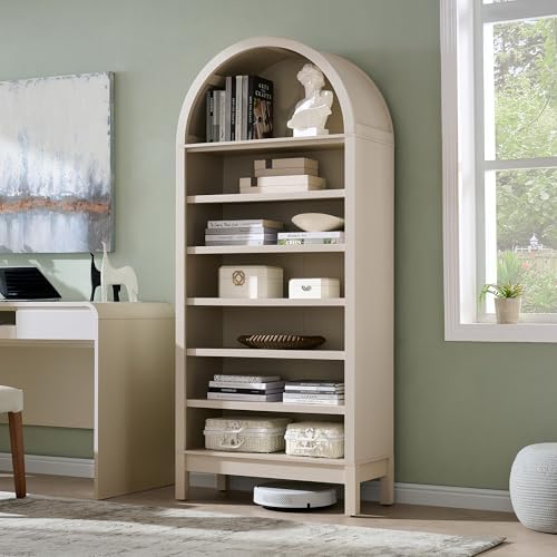 IFBUY 71" Tall Arched Bathroom Storage Cabinet, 7-Tier Modern Farmhouse Storage Cabinet with Adjustable Shelves, Wood Freestanding Cabinet for Bathroom, Living Room, Entryway, Hallway (Cream)