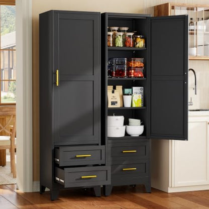 Tall Metal Narrow Storage Cabinet 67" H with 2 Drawer, Black Pantry Cabinets with 3 Adjustable Shelves and Door,Tall Bathroom Cabinet for Kitchen, Home Office, Living Room, Dining Room