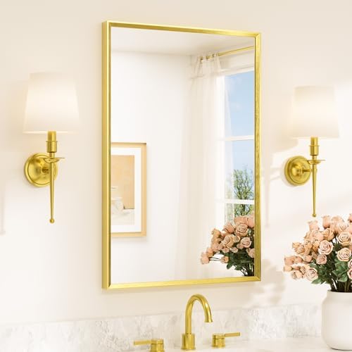 TETOTE Brushed Gold Mirror for Bathroom Sink 24" x 36" Beveled Frame Brushed Brass Gold Vanity Rectangle Mirror for Bathroom Wall, Modern Farmhouse, Tempered Glass, Stronger Frame