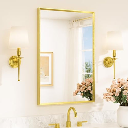 TETOTE Brushed Gold Mirror for Bathroom Sink 24" x 36" Beveled Frame Brushed Brass Gold Vanity Rectangle Mirror for Bathroom Wall, Modern Farmhouse, Tempered Glass, Stronger Frame