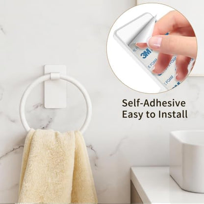 STWWO Hand Towel Holder Adhesive, Round Towel Ring for Bathroom RV, White
