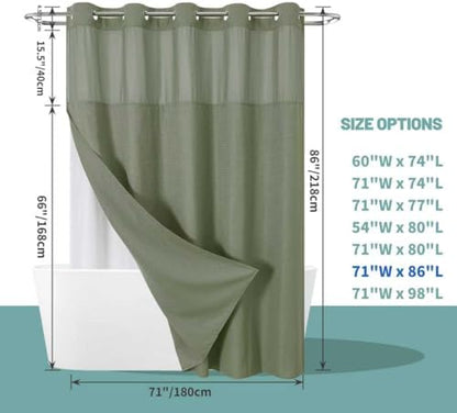 No Hook Long Waffle Shower Curtain, Snap-In Liner, 71x86 in, Sage Green