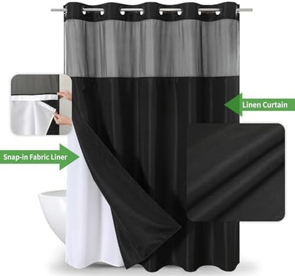 eachope No Hooks Needed Linen Textured Shower Curtain with Snap-in Fabric Liner Set,Black Hotel Luxury Decor Shower Curtains for Bathroom with Mesh Top Window,Waterproof & Washable,71Wx74H