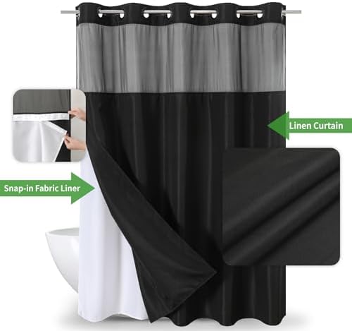 eachope No Hook Linen Texture Shower Curtain with Snap-in Liner,71x74 Black