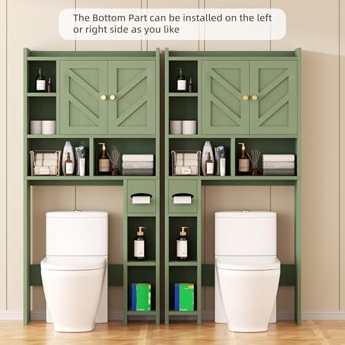 Shintenchi Over the Toilet Storage Cabinet, Bathroom Storage Cabient with Barn Doors, Bathroom Storage Shelf Organizer with Toilet Paper Holder, Adjustable Shelf and Anti-Tip Device, Green