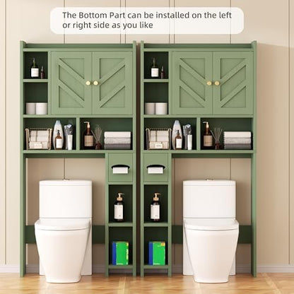 Shintenchi Over the Toilet Storage Cabinet, Bathroom Storage Cabient with Barn Doors, Bathroom Storage Shelf Organizer with Toilet Paper Holder, Adjustable Shelf and Anti-Tip Device, Green