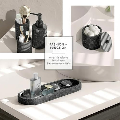 Clara Clark Bathroom Set - Coal Black Bathroom Accessories Set, 5PC Bathroom Accessory Set, Bathroom Sets with Soap Dispenser, Toothbrush Holder, Tumbler, Cotton Swab Jar & Vanity Tray