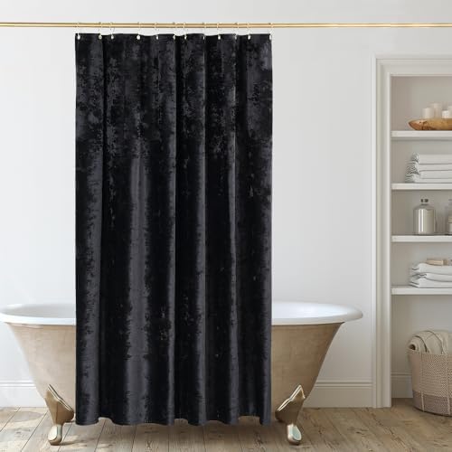 TAMGHO Extra Long Shower Curtain 84 inch Height, Crushed Velvet Tall Bathroom Curtain Set with 12 Gold Hooks, Luxury Thick Fabric, Machine Washable 72W x 84H, Black