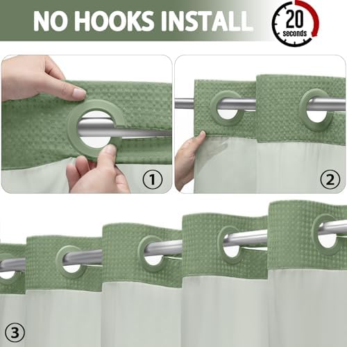 No Hook Shower Curtain with Liner Set Hotel Waffle Curtain Green 72W X 75L