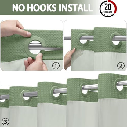 No Hook Shower Curtain with Liner Set Hotel Waffle Curtain Green 72W X 75L