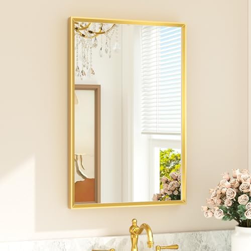 TETOTE Gold Bathroom Mirror 20" x 30" Brushed Brass Rectangle Beveled Framed Bathroom Vanity Mirror for Over Sink, Tempered Glass, Modern Farmhouse Bedroom, Entryway, Living Room