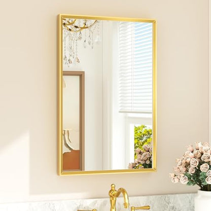 TETOTE Gold Bathroom Mirror 20" x 30" Brushed Brass Rectangle Beveled Framed Bathroom Vanity Mirror for Over Sink, Tempered Glass, Modern Farmhouse Bedroom, Entryway, Living Room