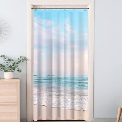 Small Stall RV Half Size Ocean Beach Coastal Seaside Shower Curtain for Bathroom 36W*72H Inch Nautical Summer Beachy Bathtub Decor Waterproof Polyester Fabric Set with 12 Hooks(6 Holes)