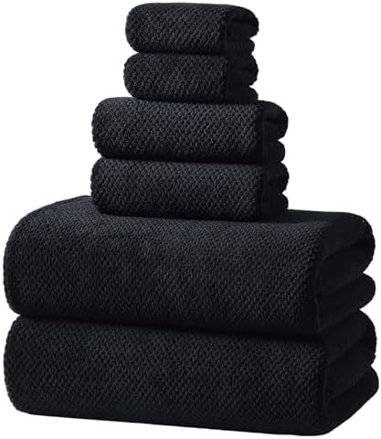 REDKISS 6-Piece Bath Towel Set - 2 Washcloths, 2 Hand Towels, 2 Bath Towels | Ultra-Fiber Coral Fleece, Super Absorbent, No Lint & No Fading | Perfect for Bathroom, Spa, Gym | Family & Adults-Black