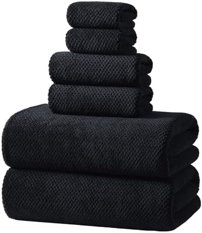 REDKISS 6-Piece Bath Towel Set - 2 Washcloths, 2 Hand Towels, 2 Bath Towels | Ultra-Fiber Coral Fleece, Super Absorbent, No Lint & No Fading | Perfect for Bathroom, Spa, Gym | Family & Adults-Black