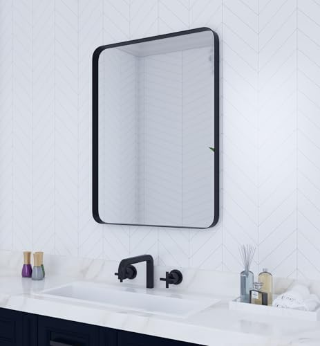 VocalStar Black Bathroom Mirror for Wall, 24 x 32 Inch Rounded Rectangle Metal Framed Bathroom Wall Vanity Mirror Farmhouse, 1/4-inch Shatterproof Glass | Ultra-Flush Hanging