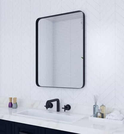 VocalStar Black Bathroom Mirror for Wall, 24 x 32 Inch Rounded Rectangle Metal Framed Bathroom Wall Vanity Mirror Farmhouse, 1/4-inch Shatterproof Glass | Ultra-Flush Hanging