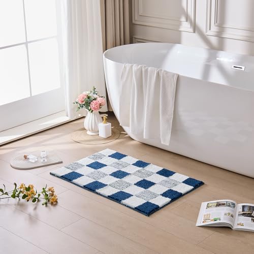 CozeCube Navy Blue Checkered Bath Mat 47"x24" Non Slip Washable Rug
