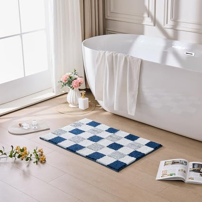 CozeCube Navy Blue Checkered Bath Mat 47"x24" Non Slip Washable Rug