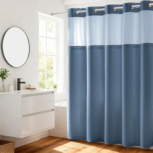 River Dream Waffle No Hook Shower Curtain with Liner,Moonlight Blue,71x74