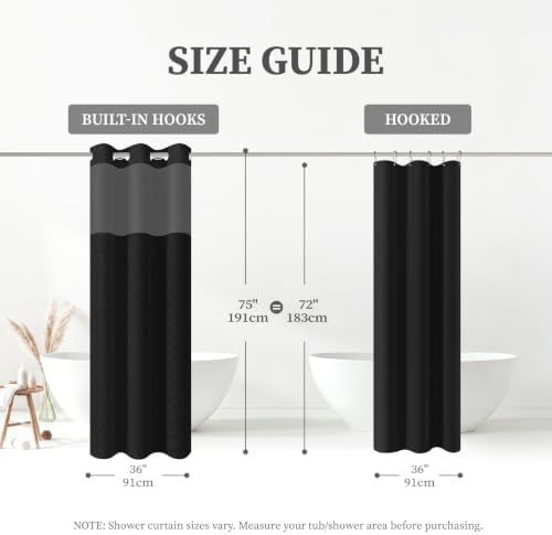 BTTN 36x75 Ringless Linen Textured Shower Curtain with Snap in Liner, Black