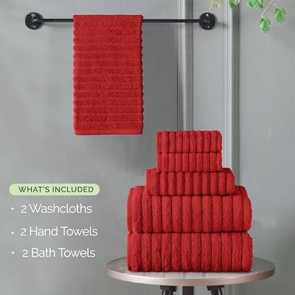 Elegant Comfort 100% Turkish Cotton Corduroy Ribbed Luxury Bath Towels 6-Piece Set, Premium Feel - Quick Dry, Highly Absorbent, Contains 2 Bath Towels, 2 Hand Towels, and 2 Washcloths, Red
