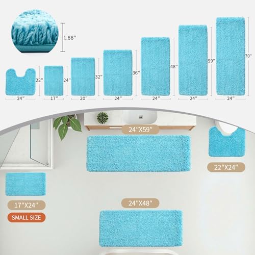 Disolla Sky Blue Bathrom Runner Rug 24x59 - Large Soft Plush Bath Mat, Thick Long Non-Slip Shaggy Floor Mat, Ultra-Absorbent for Master Bathroom Bedroom
