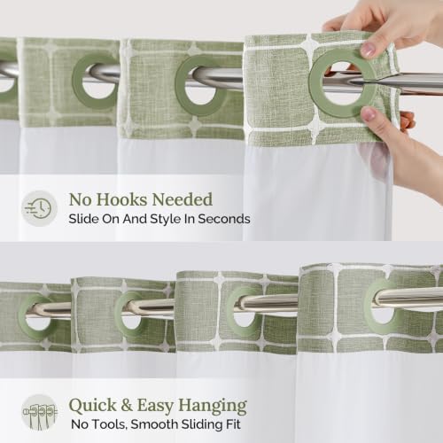 RiverDream Farmhouse No Hooks Shower Curtain with Snap-in Liner,Green,71x86