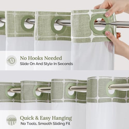 RiverDream Farmhouse No Hooks Shower Curtain with Snap-in Liner,Green,71x86
