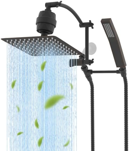 Hibbent Metal 10'' Filtered Rainfall Shower Head with Handheld Combo, High Pressure Shower Wand, 16'' Adjustable Arc Extension Arm, 20 Stage Shower Filter, 71'' Hose, Shower Holder, Oil Rubbed Bronze