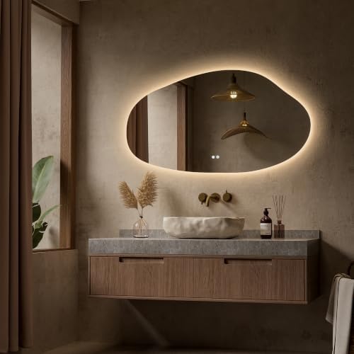Keonjinn Irregular LED Mirror for Bathroom 55 x 30 Inch, Tempered Glass