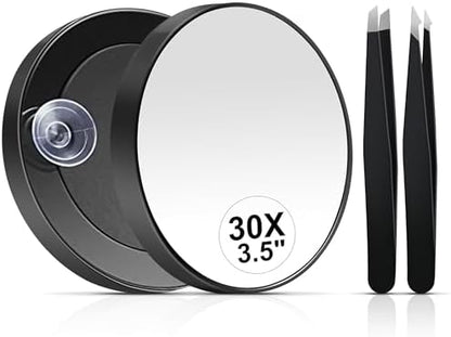 MIYADIVA 30X Magnifying Mirror, Small Travel Mirror with Suction Cup and Tweezers, 3.5 Inches