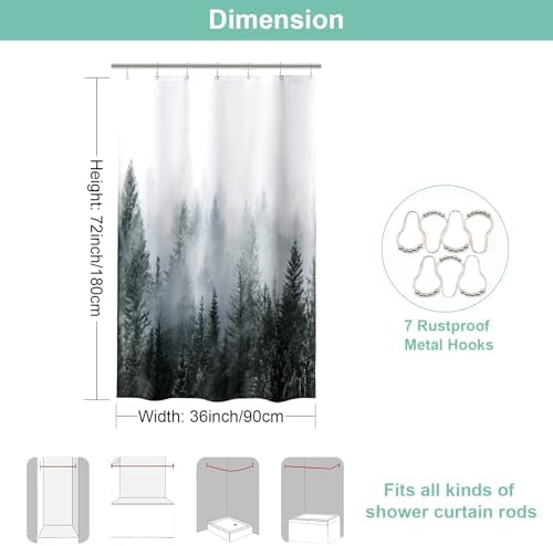ORTIGIA 36x72 Misty Forest Stall Shower Curtain for Small Bathroom, Dark Green Half Size Narrow Nature Woodland Shower Curtain Set with Hooks, Waterproof Fabric Pine Tree Fog Magic Home Bath Curtain