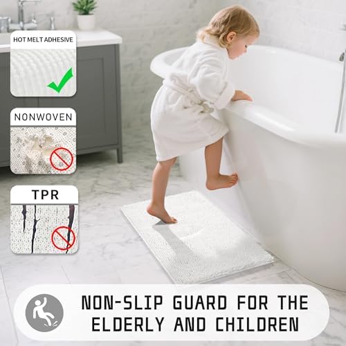 Yimobra Long Bathroom Rugs 44"x24", Extra Soft Non Slip Bath Mat for Tub, Super Absorbent Quick Dry Shaggy Rug Floor Carpet, Machine Washable,White