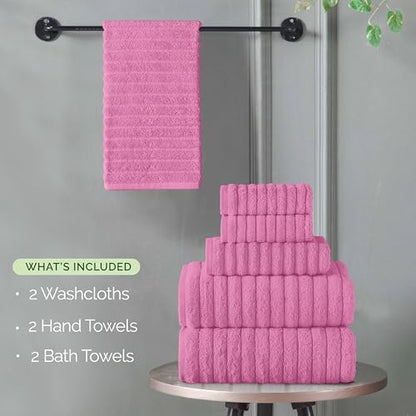 Elegant Comfort 100% Turkish Cotton Corduroy Ribbed Luxury Bath Towels 6-Piece Set, Premium Feel - Quick Dry, Highly Absorbent, Contains 2 Bath Towels, 2 Hand Towels, and 2 Washcloths, Light Pink