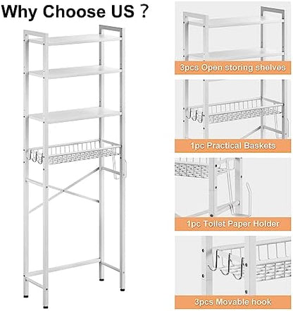 Kalrin Over-The-Toilet Storage Rack, 4-Tier Bathroom Organizer Shelf Over Toilet with Adjustable Shelf and Basket, Freestanding Space Saver Bathroom Shelves Above Toilet for Room (Pure White)