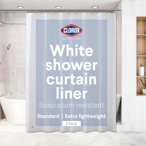 Clorox Shower Curtain Liner, Premium Lightweight Flexible Waterproof 3g PEVA for Bathroom with Weighted Magnets, Standard Size 70" x 72", White 2 Pack