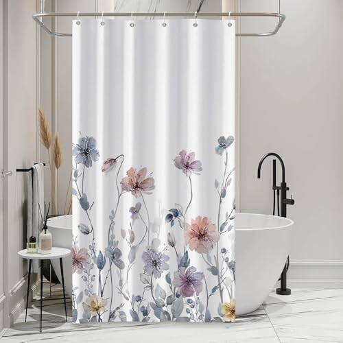 AWERT Wildflower Stall Shower Curtain for Bathroom Watercolor Floral Half Size Shower Curtain with Hooks Waterproof Flower Printing Fabric Bathroom 36x72inch