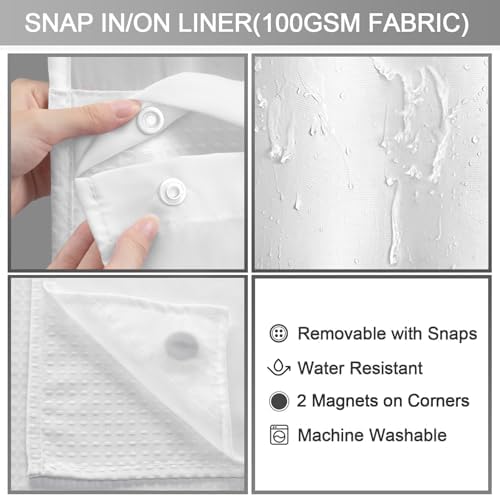 No Hook Shower Curtain with Liner Set Hotel Waffle Curtain White 58W X 75L